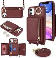 for iPhone 11 Crossbody Case with Card Holders Money Slots Zipper Coin Purse Rotatable Ring Kickstand Cover Wristlet Strap Lanyard Litchi Leather Wallet Flip Cover for iPhone11 Wine