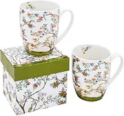ALYC Fine China Coffee Mug Set – Bird and Branch Flower Teacup Design – 2Pack Porcelain Tea Cups with Gift Box (Bullet 12OZ)