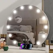 [Kwanner] Hollywood Round Vanity Mirror with Light, 50cm Dressing Table Mirror with Lights, Makeup Mirror with 12 Dimmable LED Bulbs, USB Output Port, 3 Lighting Modes, Wall Mounted For Bedroom