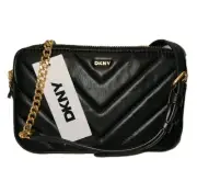 DKNY Double Zip Crossbody Bag Chevron Quilted Black Faux Leather w Tags