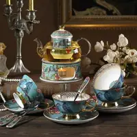 在飛比找樂天市場購物網優惠-花茶杯套裝 夢幻之藍田園風英式陶瓷玻璃具套裝蠟燭加熱茶壺帶過
