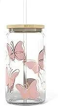 16 oz Glass Drinking Cup with Lid and Straw, Bow Glass Cup, Elegant Tumbler with Bow Design, Iced Coffee Glass in Can Shape, Versatile for Coffee, Cocktails and More (Style 3)
