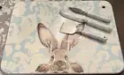 Williams Sonoma Damask Bunny Ceramic Cheese Board w/ Knife Set "NEW"
