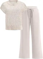 [ANRABESS] Women Two Piece Outfits Crochet Sheer Knit Sweater Top Wide Leg Pants Lounge Matching Sets Sweatsuit Travel Clothes