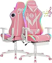 HOFFREE Gaming Chair with Bluetooth Speakers and Led Lights Massage Vide Game Chair with Footrest Reclining High Back Computer Gamer Chair for Gaming Room Pink and White