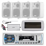 Pyle Bluetooth Marine Receiver,Cover, Antenna,Amp w/Kit, 4x 4" 30W White Speaker