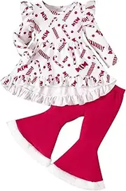 [Xfglck] Toddler Kids Baby Girls Christmas Outfits Ruffle Sleeve Heart/Candy Print Shirt Dress Bell-Bottoms Pants Set
