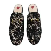 NEW Gucci Princetown Lace Horsebit Mules Flats Slide Black Women Size 36