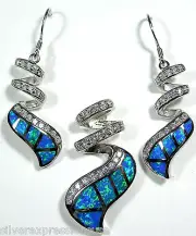 Blue Fire Opal & White Topaz Inlay 925 Sterling Silver Pendant & Earrings Set