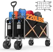 Collapsible Folding Wagon, Heavy Duty Utility Beach Wagon Cart for Sand with Big Wheels, Adjustable Handle&Drink Holders for Shopping, Camping,Garden and Outdoor (Black)