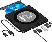 External Blu Ray Drive, USB 3.0 Type-C Portable Blu ray Burner BD BD Player Read/Write with 2 USB and TF/SD Slots, Optical Bluray DVD Drive for Laptop PC Windows 11 MacBook Pro Air Desktop Linux OS