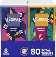 Kleenex Trusted Care Facial Tissues, 8 On-The-Go Travel Packs, 10 Tissues per Pack (80 Tissues Total)