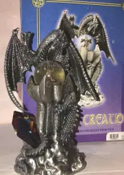 Spencer Gifts Mystical Creations Pewter Dragon Wizard Crystal Snow Globe Statue