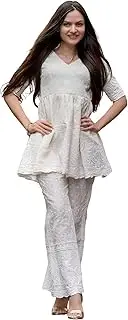 [INDACORIFY] Cotton Chikankari Work Short Kurta and Pant Set for Women and Girls Chikankari White Cord Set