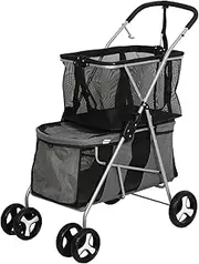 PaWz 2-Tier Pet Stroller, 4 Wheels Pet Carrier with Brake for Dog Cat, Large Foldable Double Pram Shopping Crate with Latch Clip, Detachable Shopping Basket Dog Cat Strollers 53cm x 78cm x 102cm Grey