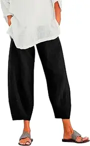 [Generic] Linen Pants for Women Summer 2025 Elastic High Waist Pants Baggy Lightweight Comfy Casual Yoga Trousers with Pockets