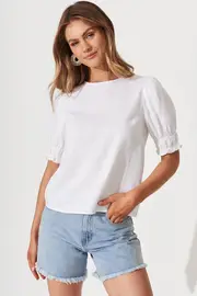 Melanie Top Short Sleeve in White Cotton Linen Blend 8