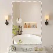 White Wavy Bathroom Mirror 28" X 40" Rectangle Scalloped Mirror for Wall Decor,