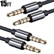 2x 15FT Auxiliary AUX 3.5mm TRRS Male Audio & Microphone Cable Cord Gold Plug
