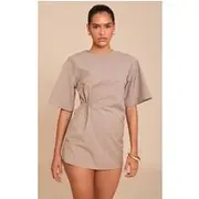 Mushroom Woven Asymmetric Cinched Skort Playsuit, Mushroom