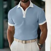 Men's Waffle Polo Shirts Golf Shirt Vacation Casual Lapel Quarter Zip Short Sleeve Fashion Basic Plain Buttons Summer Slim Fit Light Blue Yellow Waffle Polo Sh