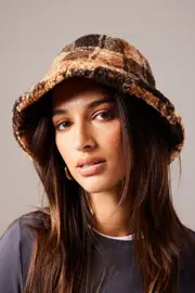 Brown Check Bucket Hat - Size ONE, Women's Hats