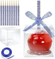 Pack of 20 Cake Pop Sticks, Candy Apple Boxes with Glitter Stick Hole Set, Caramel Apple Packaging Set with Rhinestone Bamboo Skewers & Glitter Ribbons for Cake Pop Chocolate Treatment (Blue)