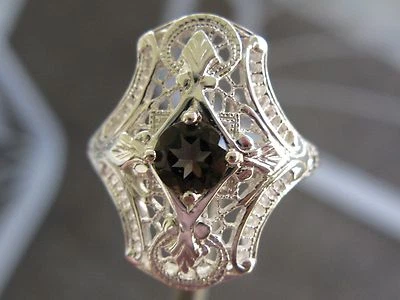 .50ct FLAWLESS VVS1 SMOKY QUARTZ RING,ART DECO VINTAGE ESTATE HAND CARVED ETCH