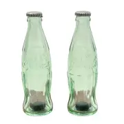 Coca-Cola Mini Green Glass Embossed Bottle Salt & Pepper Shakers 4 1/2" Tall NEW