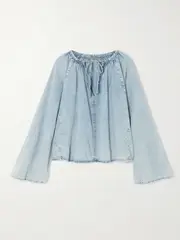 [FRAME] FRAME - Gathered Cotton And Linen-blend Chambray Blouse - Light denim - small small Blue