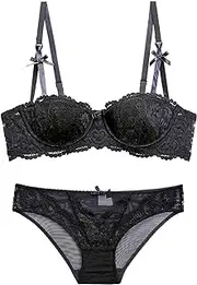 [Generic] Bunny Undies Women's Style Vine Embroidery Half Cup Lace Bra Set for Small Chests Push Up and Anti Sagging Underwear Adult Men