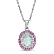Oval Lab-Created Opal with Pink and White Sapphire Double Frame Pendant in Sterling Silver