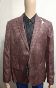 Saks Fifth Avenue Men's Orange/Navy Slim Fit Wool Blend Plaid Blazer Size 44R
