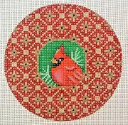 Hand-painted Needlepoint Canvas, Cardinal Ornament 4" Round, 18m, NEW