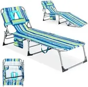 Costway Beach Chaise Lounge Chair, Patio Folding Reclining Chair, Portable & Lightweight Camping Bed or Cot w/ 5 Adjustable Positions, Detachable Pillow, Storage Pouch for Sunbathing (Multi-Color)