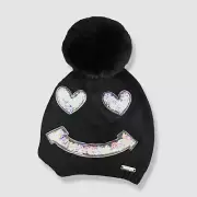 $42 Bari Lynn Kids Girls Black Confetti Smiley Face Pom Knit Beanie Hat One-Size