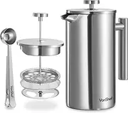 VonShef Cafetiere Stainless Steel - 12 Cup/1.5L Double Walled Satin Brushed Coffee Filter with Coffee Measuring Spoon and Bag Sealing Clip