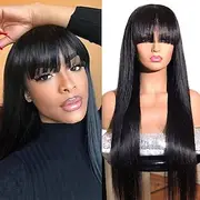 Silky Straight Human Hair Wigs with Bangs Brazilian Virgin None Lace Front Wigs Machine Made Wigs for Black Women Natural Color