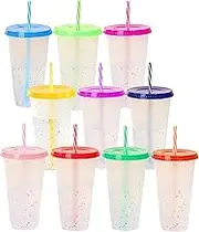 24oz Plastic Cups with Lids & Straw, 10 Pack Reusable Colour Changing Cups Iced Coffee Tumbler Travel Smoothies Mug for Adults Kid Women Pool Beach Wedding Party(10, Rainbow)