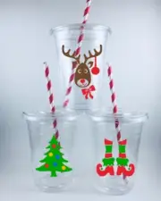 Christmas Party Cups Set/12 With Lids Straws Disposable Reindeer Tree Elf