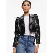 Alice + Olivia Krishna Croc-Embossed Vegan Leather Crop Moto Jacket Black M