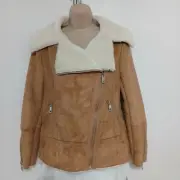 New Look Pennylane Style Moto Jacket Faux Camel Suede Sherpa Lined Size 8