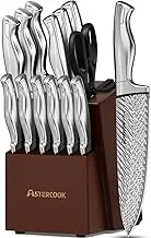 Astercook Knife Set, 15-Piece Kitchen Knife Set with Block, Built-in Knife Sharpener, German Stainless Steel Knife Block Set, Dishwasher Safe