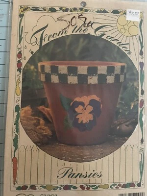 Vintage Flower Pot Fabric Iron On Applique Kit "Pansies" From The Garden-MIP