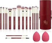Beauty Makeup Brush Set Professional, 16 Professional Vegan Matte Wood Handle Red Gold Makeup Brushes Set and 2 Makeup Sponges, Travel Make up Brushes Set with Case (Red)