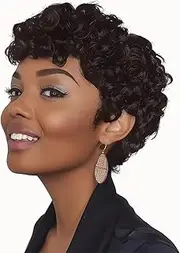 Short Pixie Wigs for Black Women Natural Black Pixie Cut Wigs Short Curly Wavy Synthetic Hair Wig With Bangs for Black Women (4#)