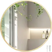 Yezi Home Round Wall Mirror Vanity Bedroom Hanging Decor for Bathroom Makeup Shower Room Gold Metal Framed 50CM Dia