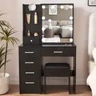 Black Makeup Vanity Desk with Mirror and Lights, 3 Lighting Modes, with Stool