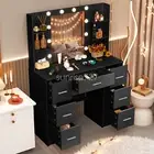 Vanity Desk Set Black Storage Dressing Table with 7 Drawers & LED Lights Mirror