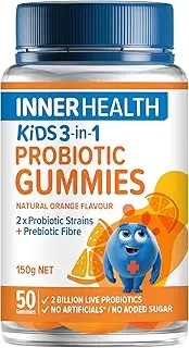 Inner Health Kids 3-in-1 Probiotic Gummies - 2 Probiotic Strains & A Prebiotic for General Health, Good Gut Health & Immune Support - Natural Orange Flavoured - 50 Gummies